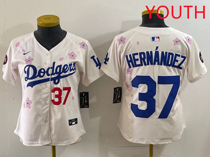 Youth Los Angeles Dodgers #37 Hernandez Cream Sakura Edition 2025 Nike MLB Jersey style 33